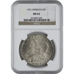 1921 Morgan Silver Dollar NGC63