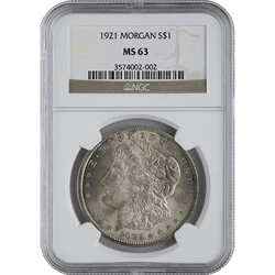 1921 Morgan Silver Dollar NGC63