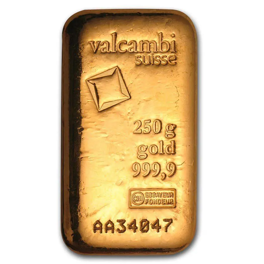 250 Gram Gold Valcambi Suisse Cast Bar - New (with Assay)