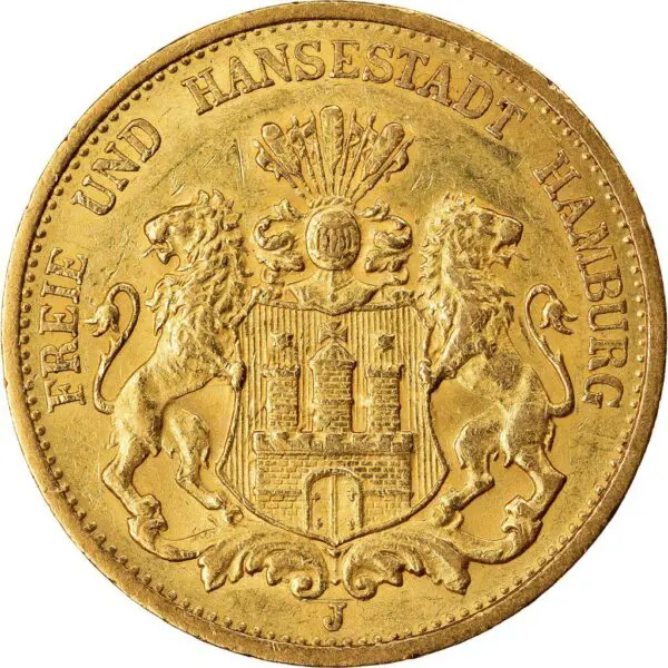 German 20 Mark Gold Coin - Hamburg 1875-1913 (AU)