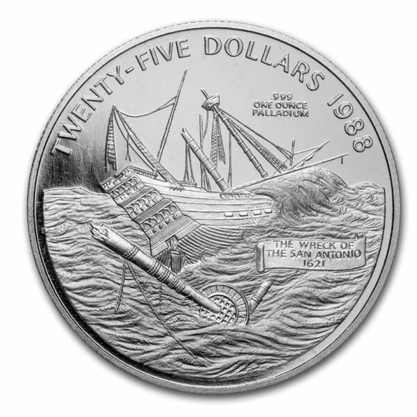 1988 - 1 oz Palladium Bermuda Shipwreck of The San Antonio Coin  (BU)