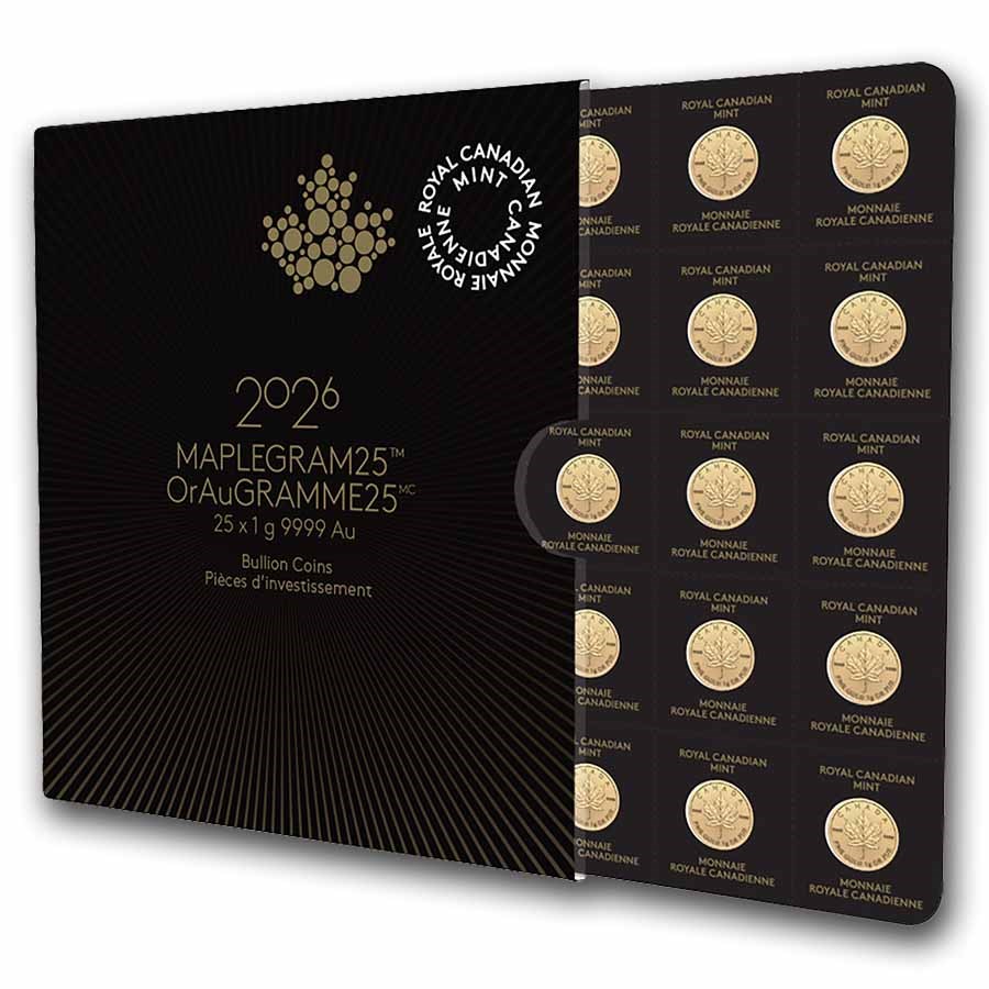 2026 MapleGram Sheet of 25 Maple Leaf 1 Gram Gold Coins